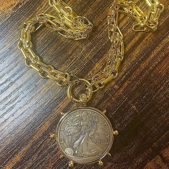 Gold Walking Liberty Coin Statement Necklace Large Chunky 1900 Liberty Coin - Picture 2 of 5